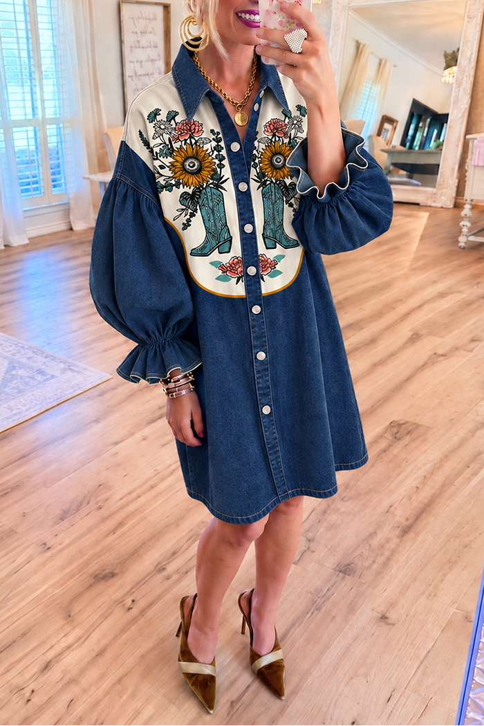 Dark Blue Denim Cowboy Boot Floral Bubble Ruffle Sleeve Dress