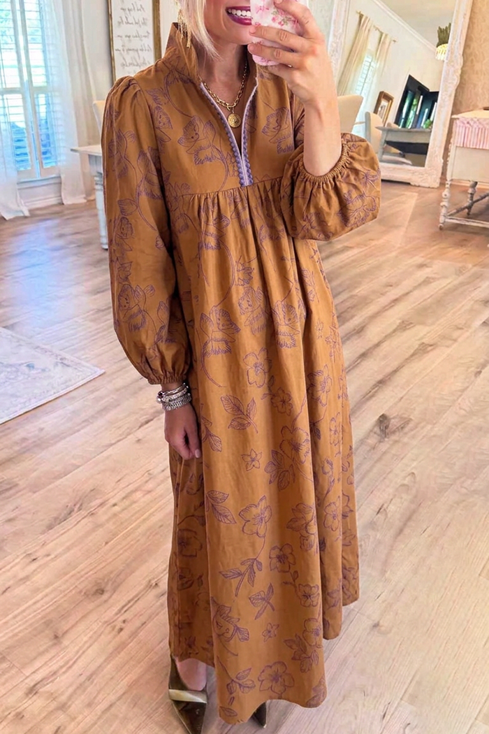Floral Stand Collar Pocket Maxi Dress