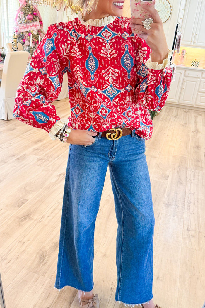 Casual Print Ruffle Collar Top