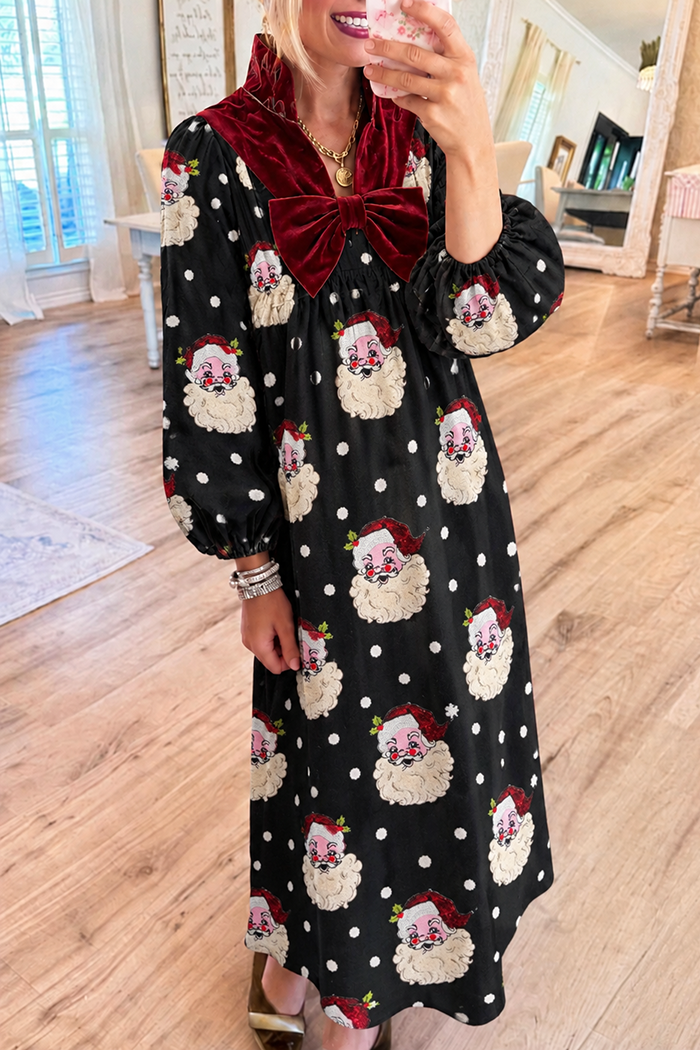 Vintage Santa Print Christmas Maxi Dress