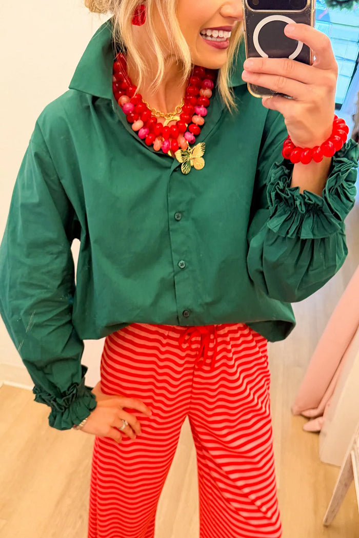Hunter Green Ruffle Cuff Collared Top