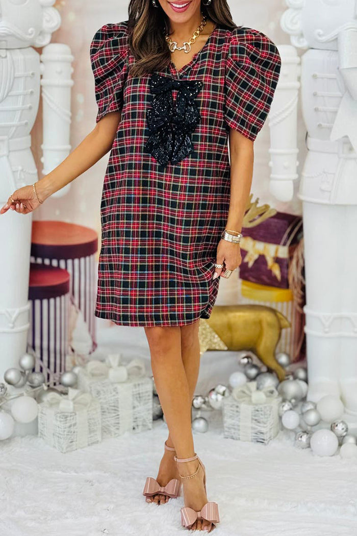 Plaid Sequin Bows Mini Dress