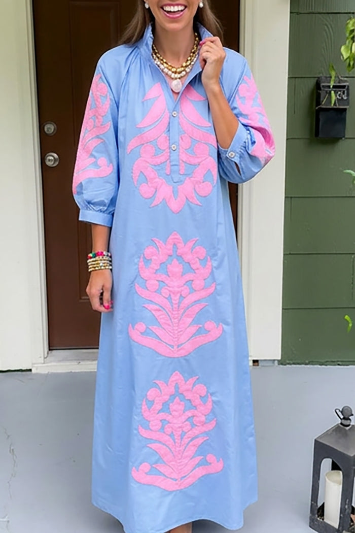 Boho Lantern Sleeve Half Button Maxi Dress