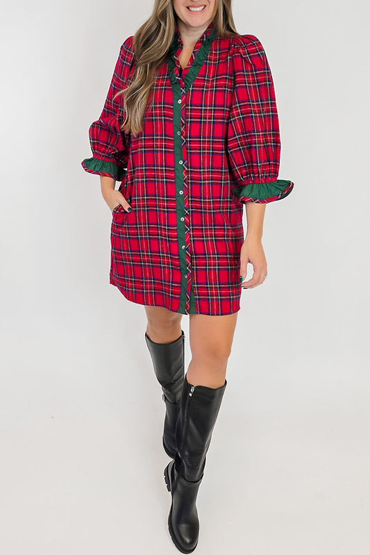 3/4 Puff Sleeve Plaid Contrast Detail Short Dress