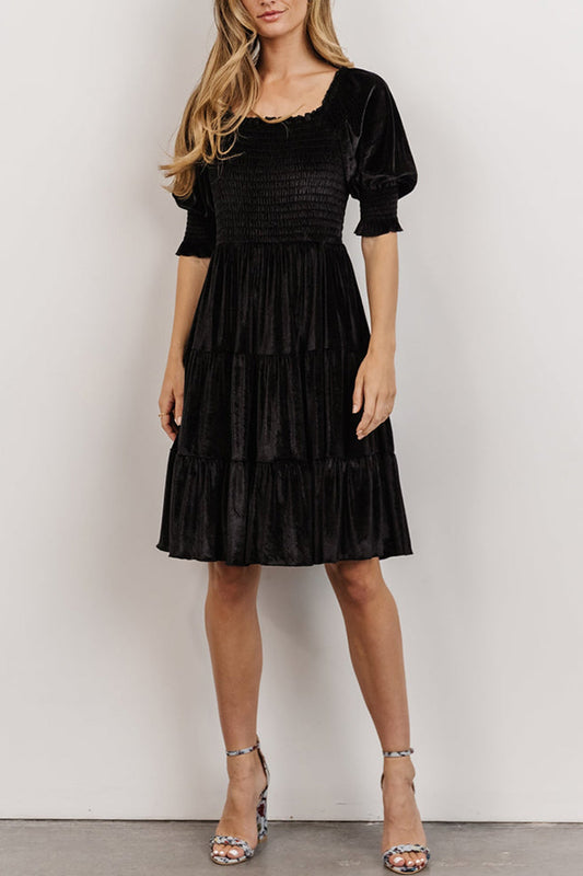 Smocked Velvet Short Dress
