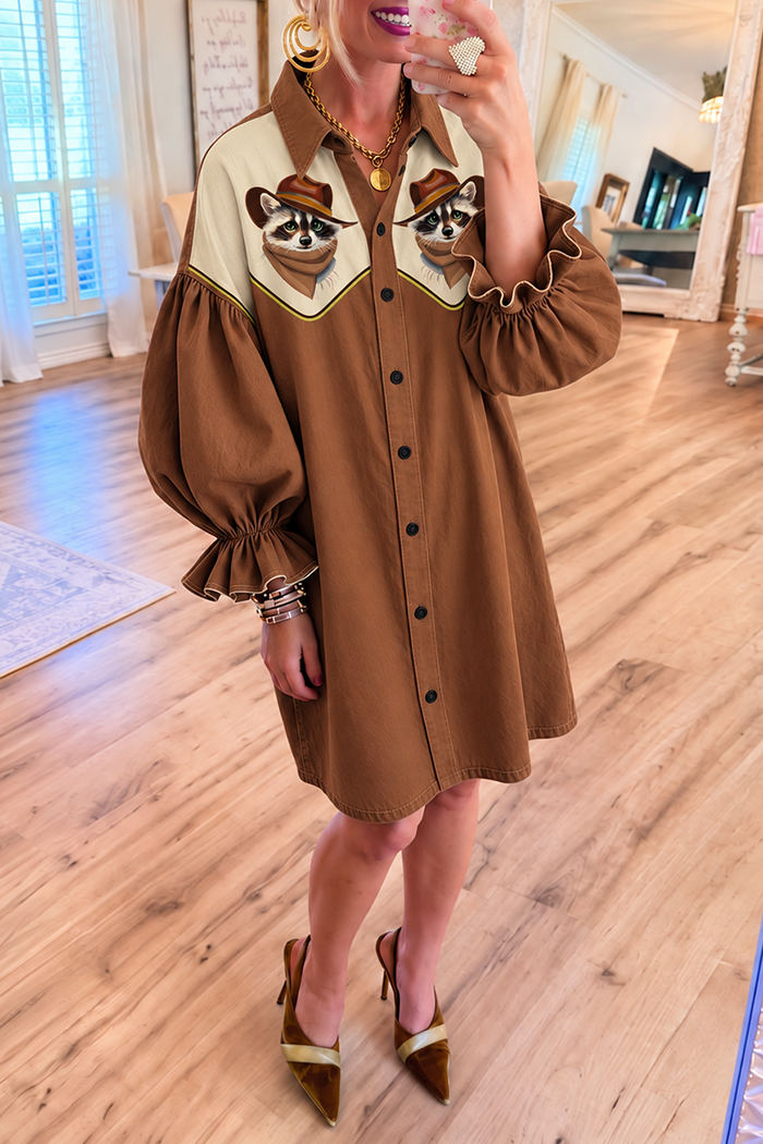 Brown Denim Cowboy Raccoon Bubble Ruffle Sleeve Pockets Dress
