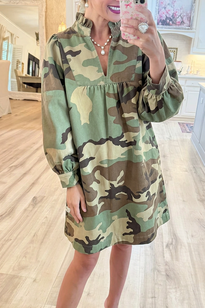 Denim Camo Ruffle Collar Puff Sleeve Dress