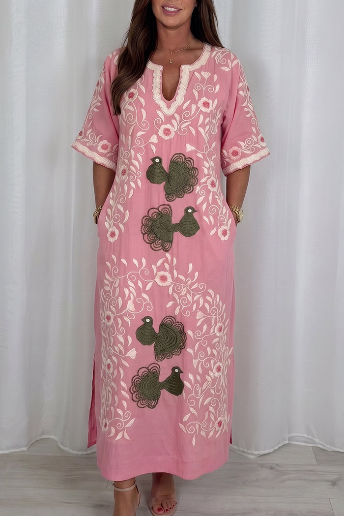 Pink Half Sleeve Floral Pocket Maxi Dress