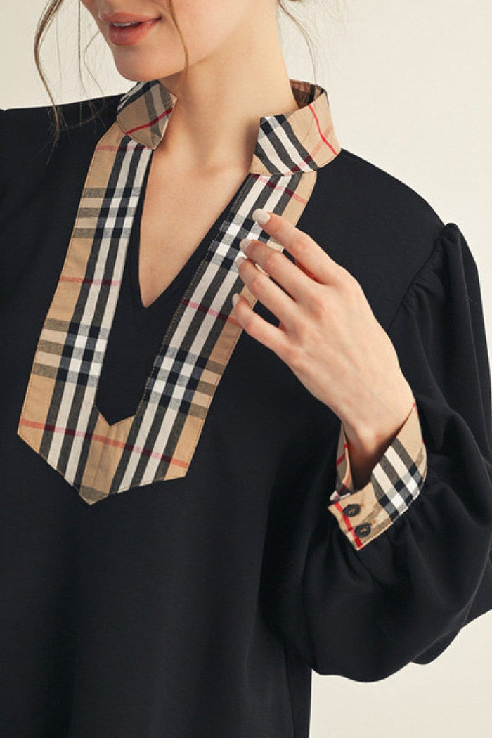 Plaid Contrast Accent Long Puff Sleeve Top