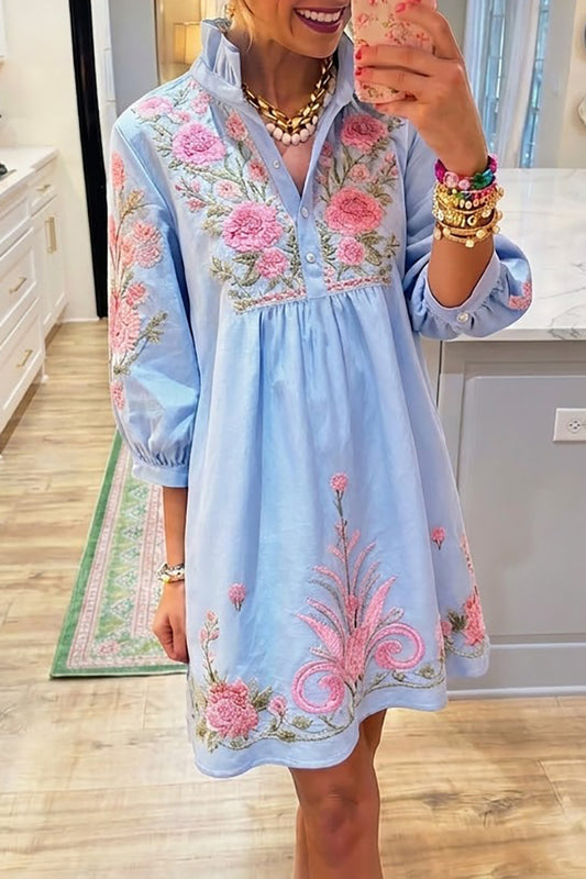 Light Blue Floral Ruffled Neck Balloon Sleeve Dress