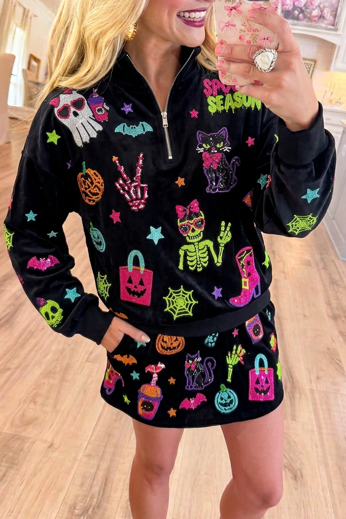 Half Zip Halloween Rhinestone Long Sleeve Skirt Set