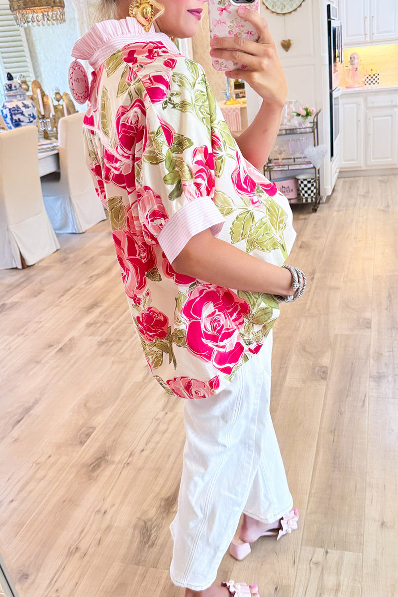 Floral Ruffe Contrast Button  Top