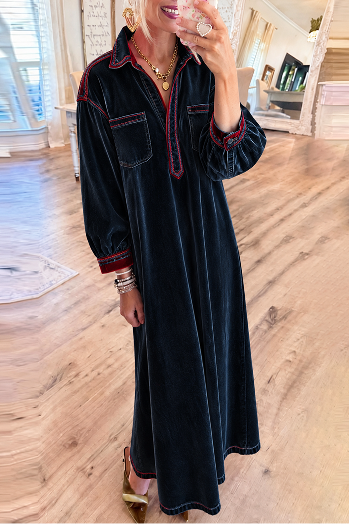 Dark Navy Velvet Red Stitch Pocket Maxi Dress