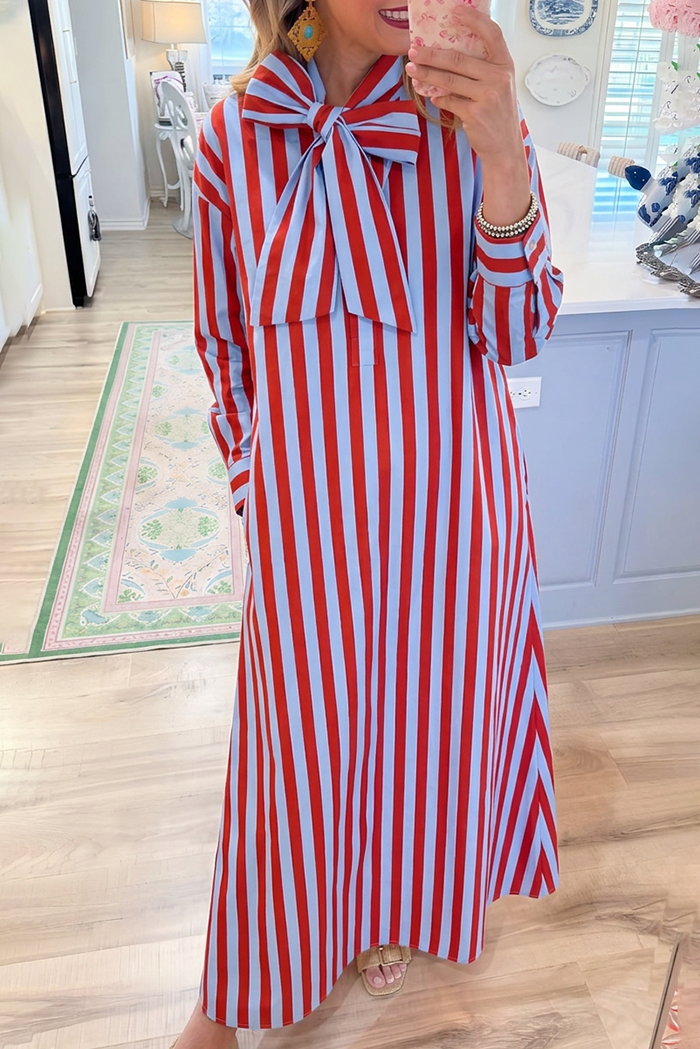 Vertical Stripe Bow Neck Pocket Long Sleeve Maxi Dress