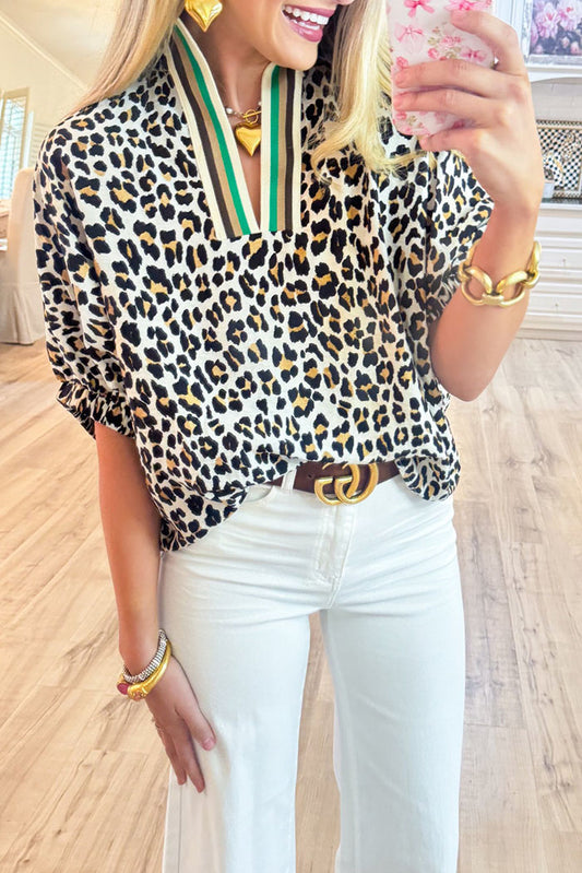 Stripe Collared Leopard Top