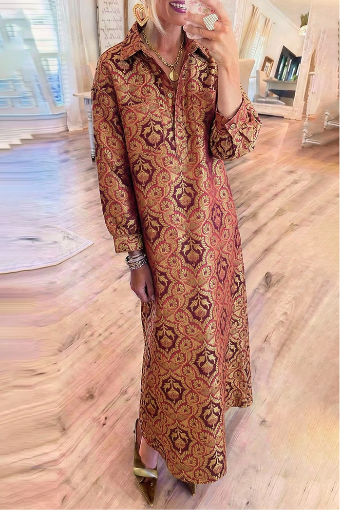 Floral Collared Chest Pocket Long Sleeve Maxi Dress