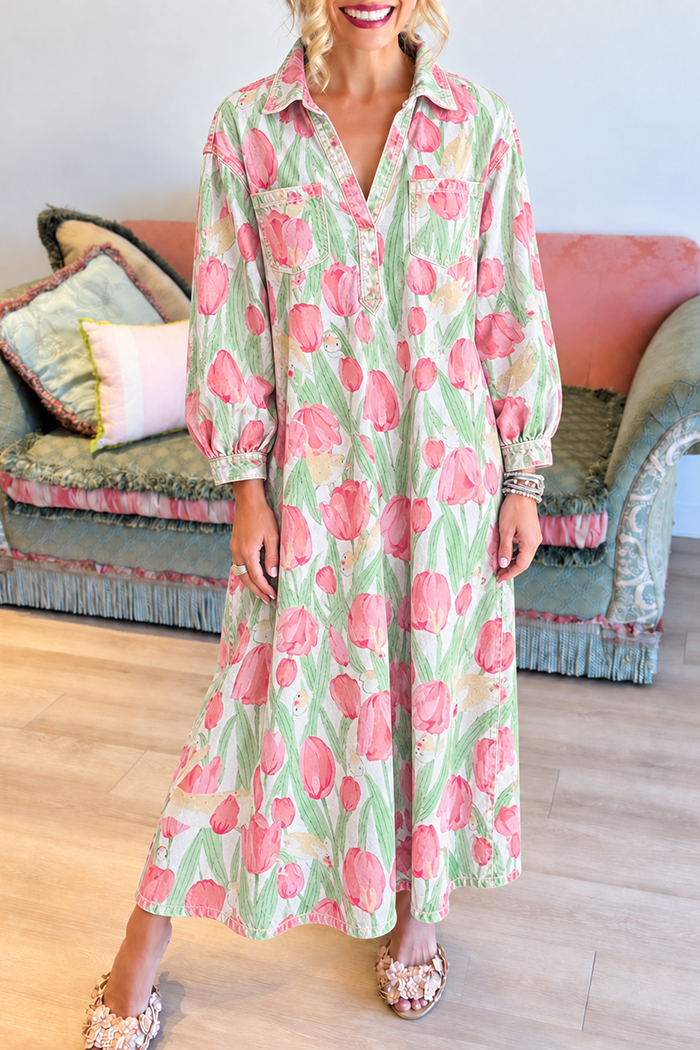 Tulip Floral Collar Chest Pockets Maxi Dress