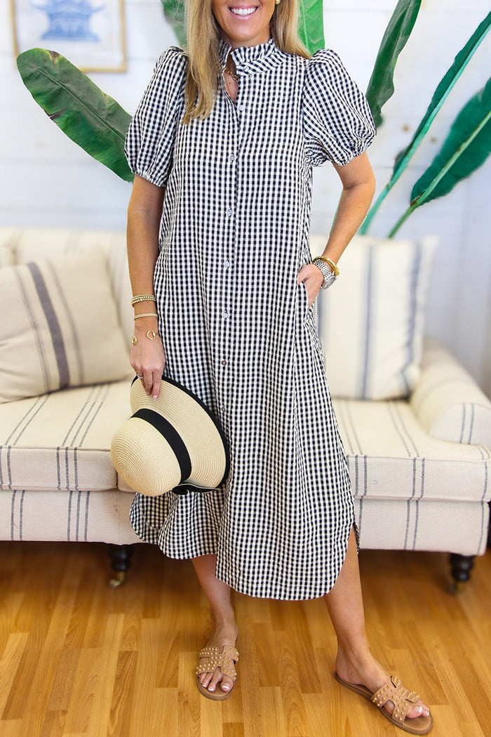 Gingham Puff Sleeve Pocket Shirtdress