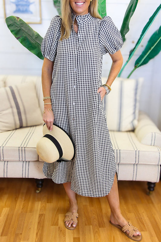 Gingham Puff Sleeve Pocket Shirtdress