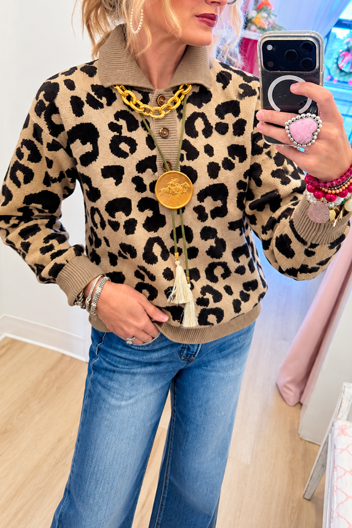 Leopard Color Block Collared Sweater