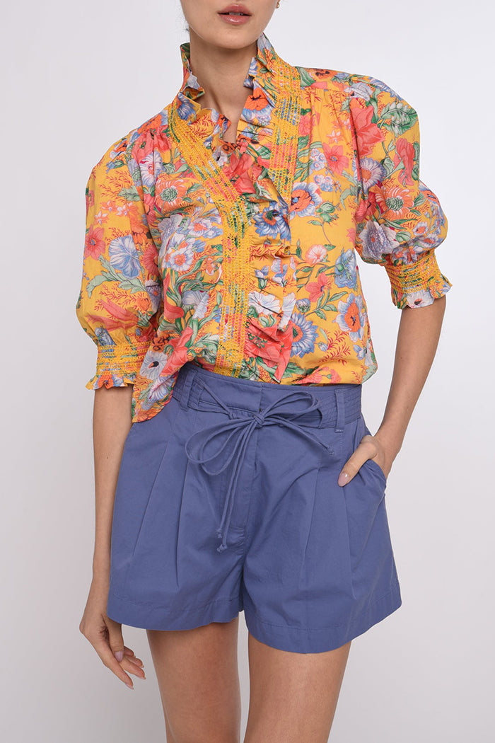Yellow Floral Ruffle Front Puff Sleeve Top