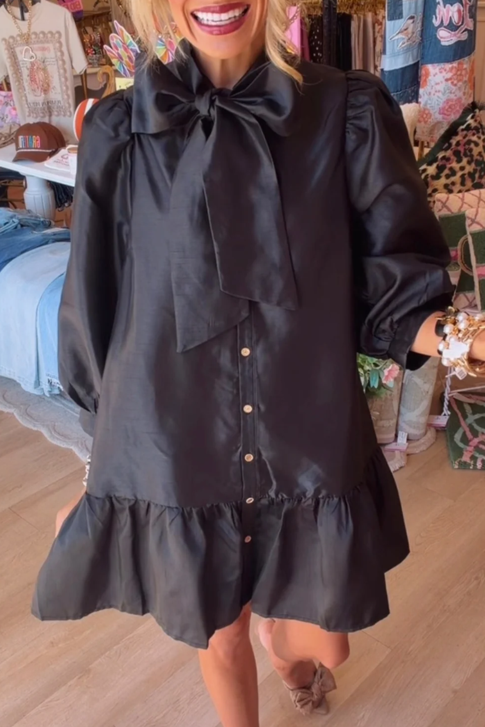Black Metallic Bow Ruffle Hem Dress
