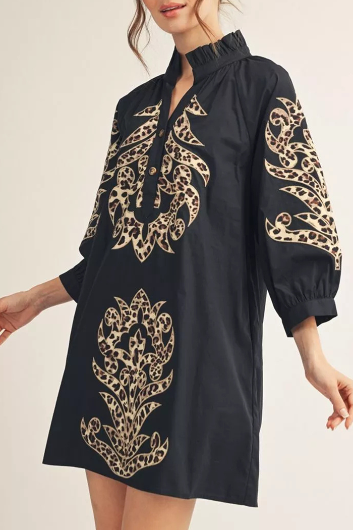 Ruffled Neck Leopard Applique Dress