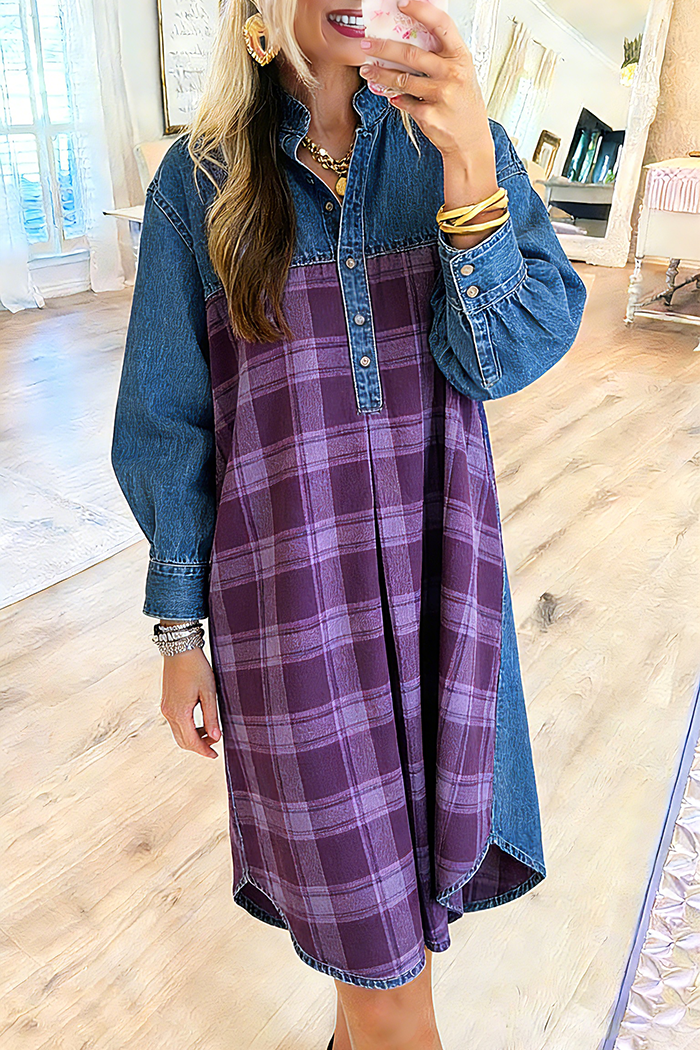 Plaid Panel Half Placket Denim Dress