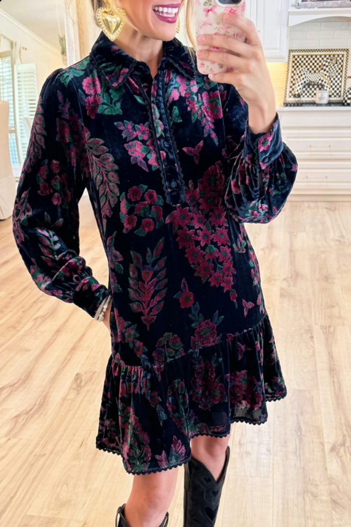 Black Velvet Floral Collared Half‑Button Ruffle Hem Dress