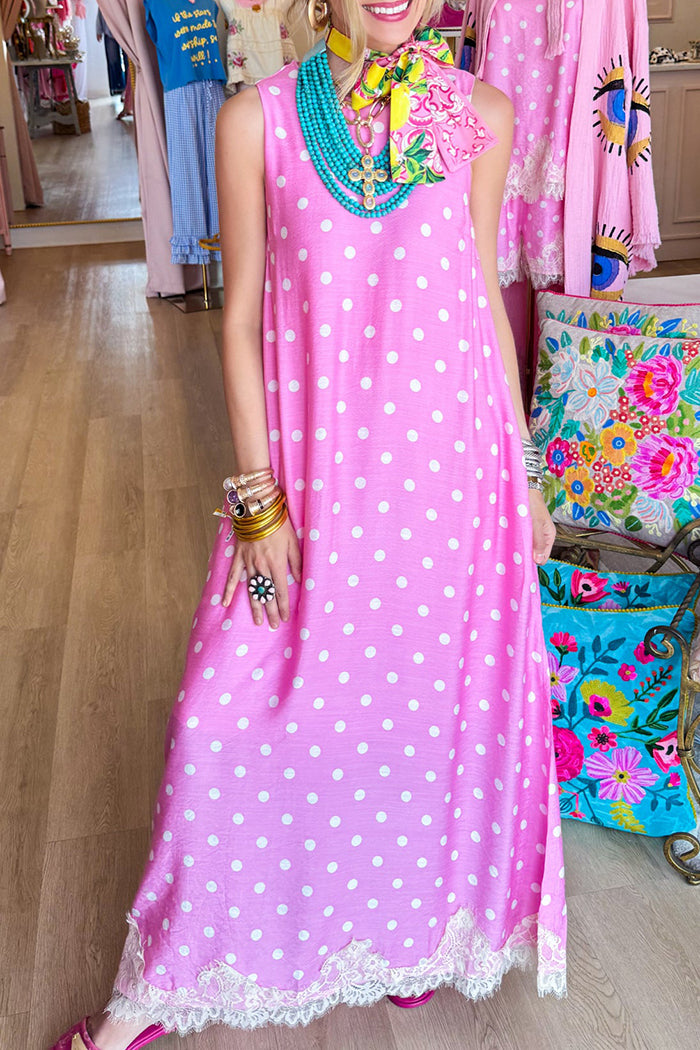 Sleeveless Polka Dot Lace Hem Midi Dress