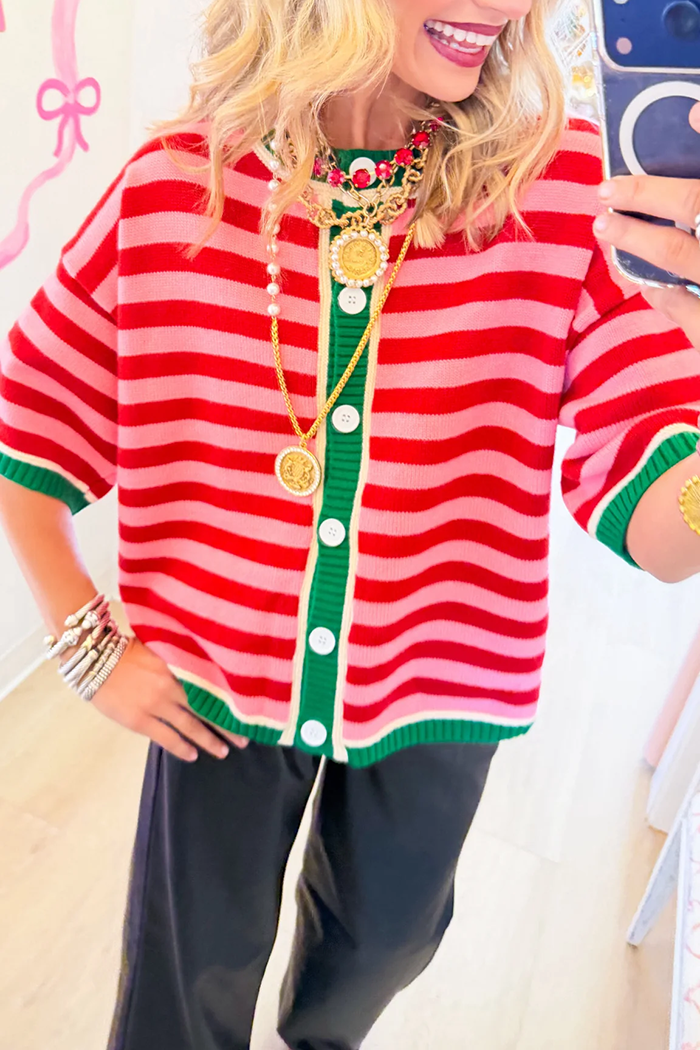 Pink Red Stripe Contrast Cardigan