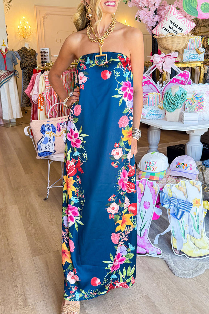 Navy Floral Detailed Strapless Pocket Dress