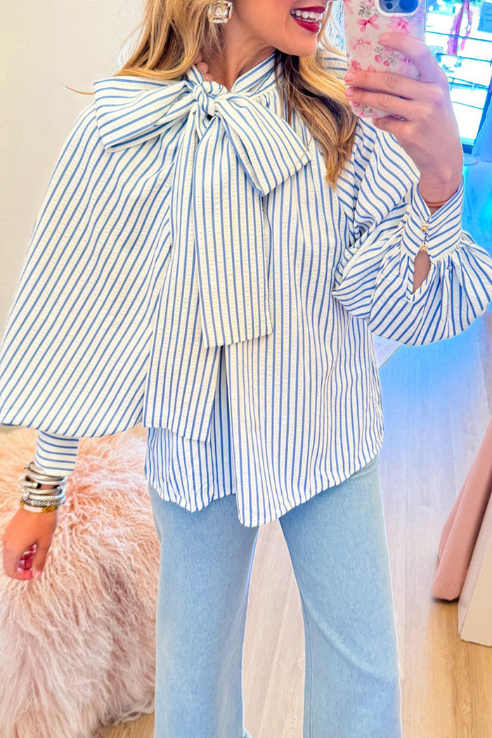 Blue Stripe Bow Detail Long Sleeve Top