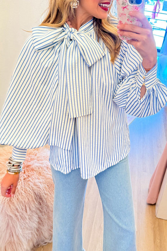 Blue Stripe Bow Detail Long Sleeve Top