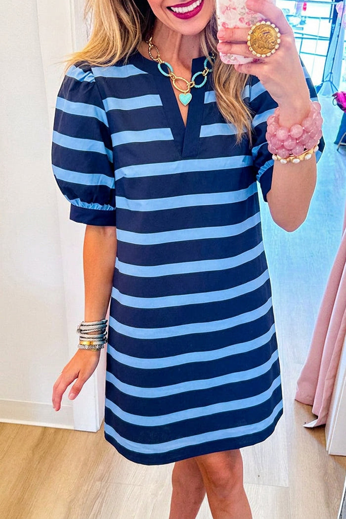 Navy Stripe Puff Sleeve Shift Dress