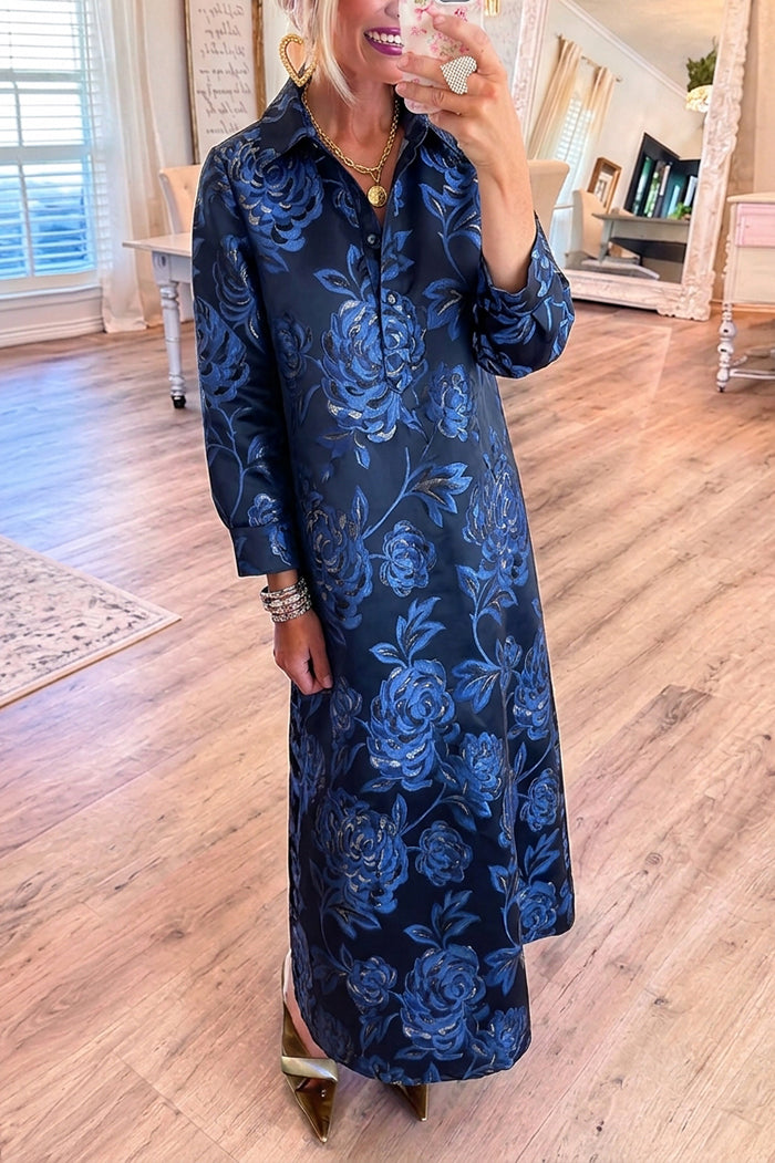 Blue Floral Pocket Jacquard Maxi Dress