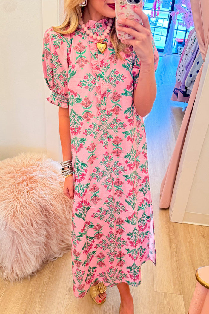 Botanical Puff Sleeve Midi Dress