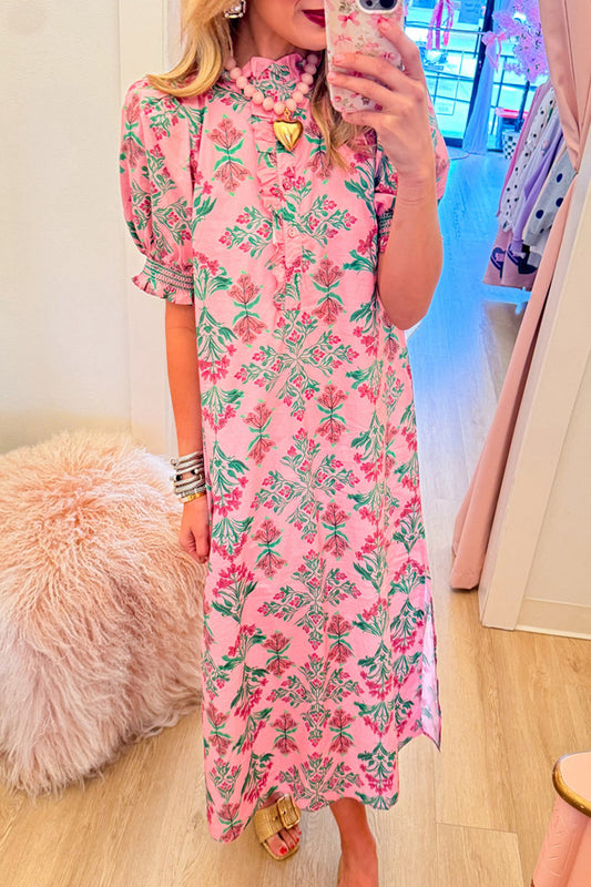 Botanical Puff Sleeve Midi Dress