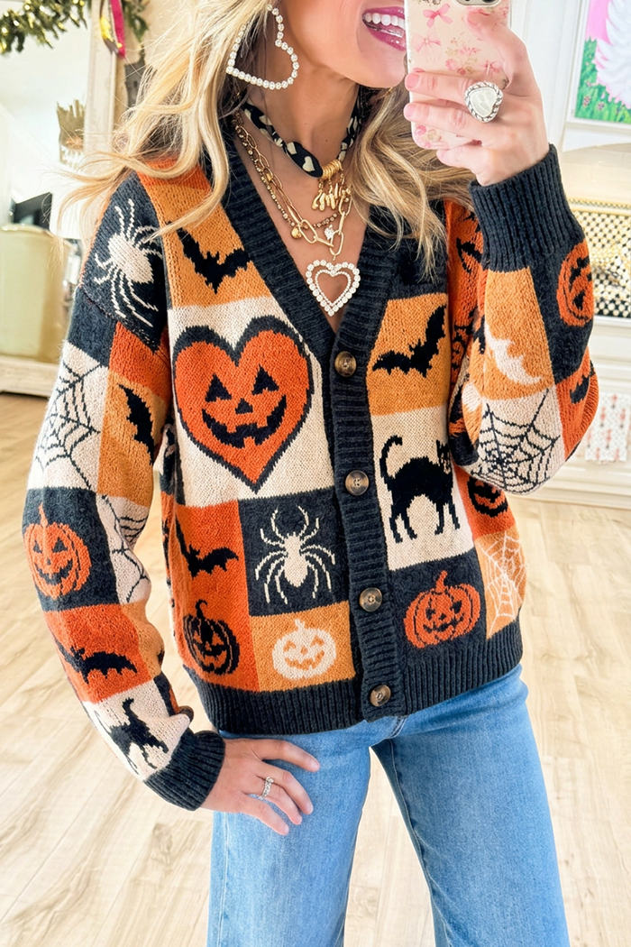 Halloween Motif Pattern Button Front Long Sleeve Cardigan