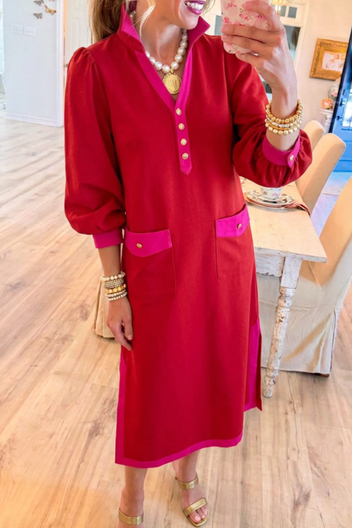 Red Color‑Block Contrast Trim Balloon Sleeve Patch Pockets Dress