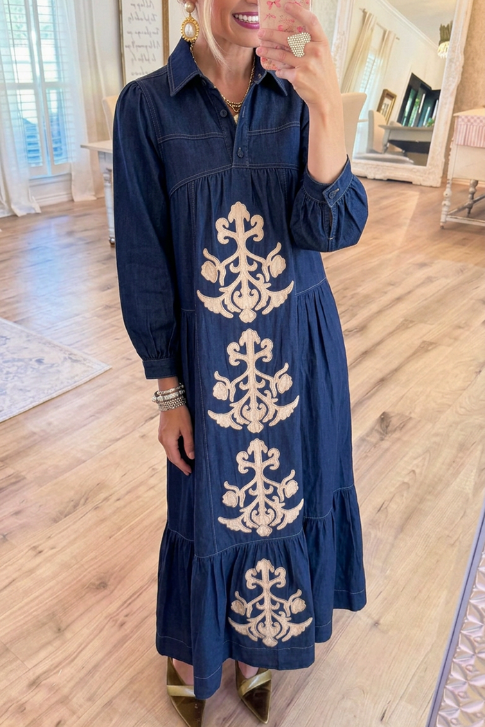 Collared Ruffle Hem Denim Midi Dress