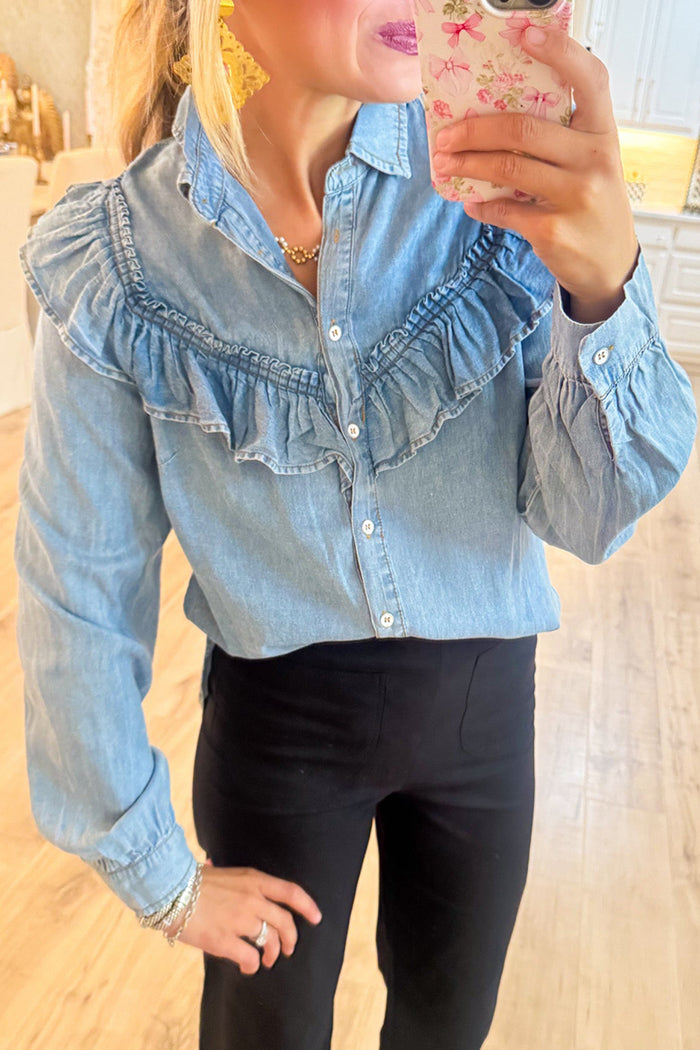Denim Ruffle Button Up Top