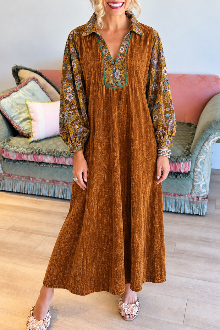 Caramel Boho Patchwork Collar Maxi Dress