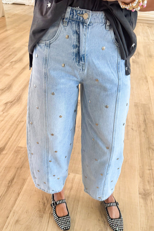 Barrel Leg Studded Denim Jeans