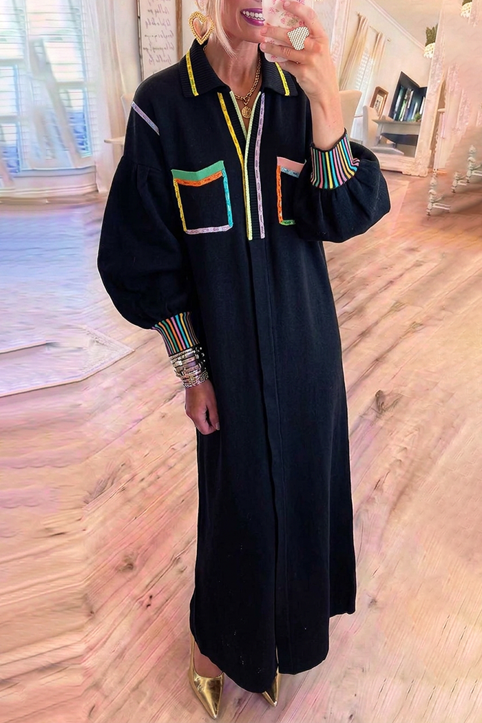 Black Collared Knit Colorful Contrast Pockets Maxi Dress