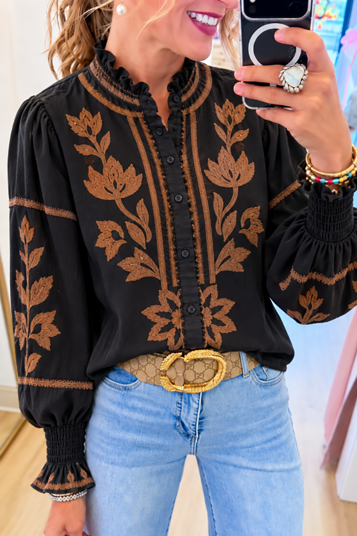 Black Floral Embroidered Ruffle Neck Top