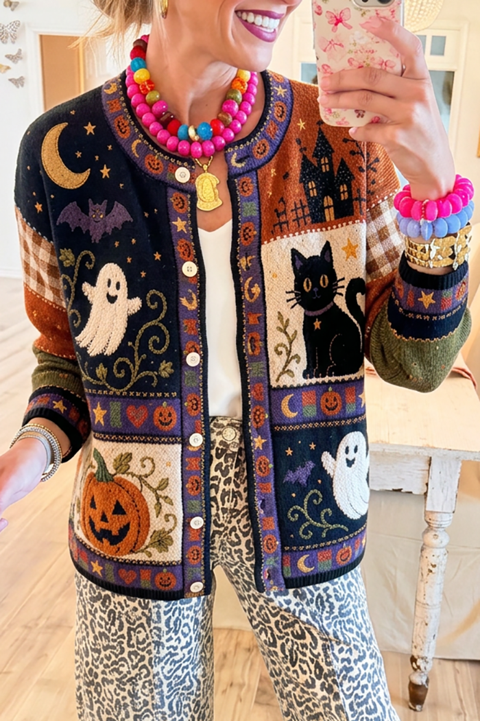 Round Neck Knit Halloween Patchwork Embroidery Cardigan