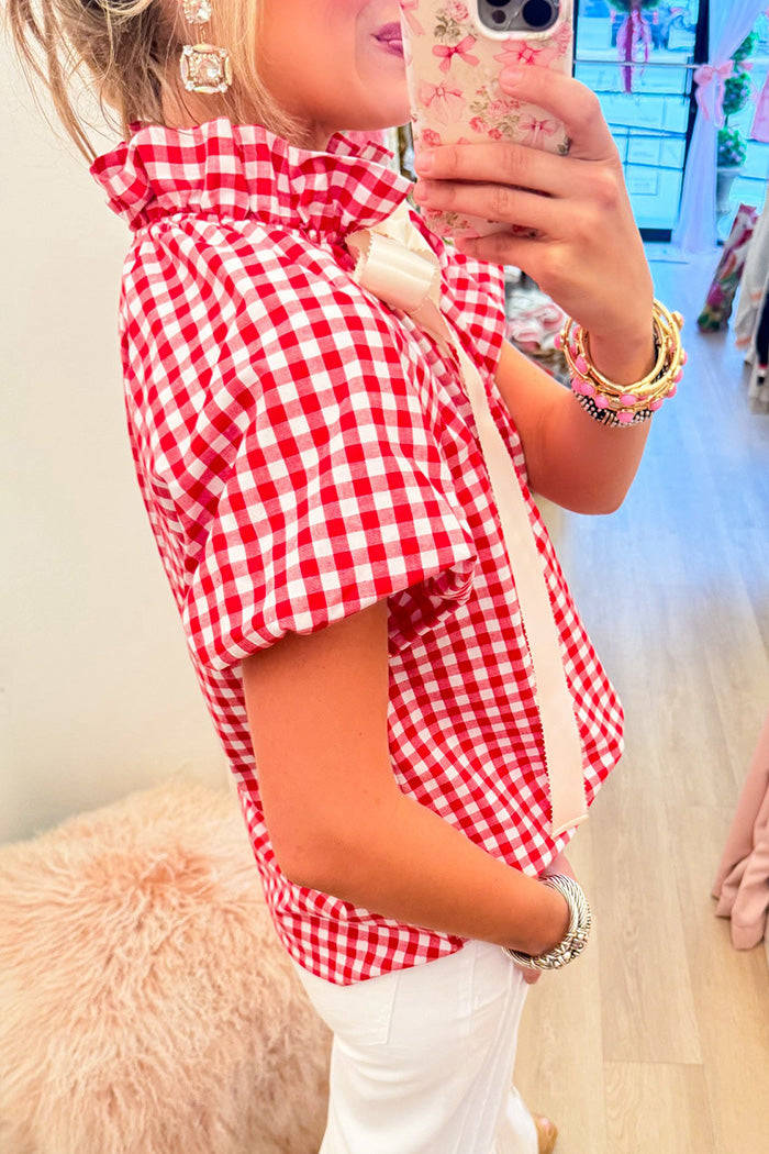 Red Gingham Puff Sleeve Top
