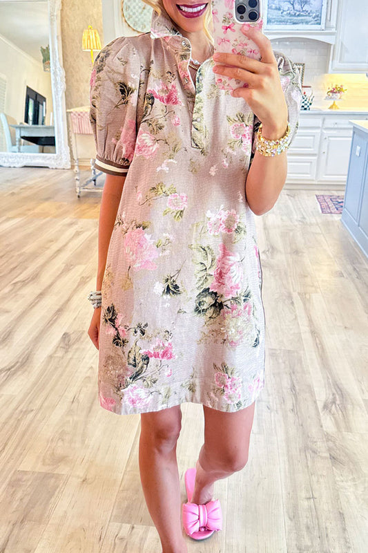 Stripe Trim Floral Mini Dress