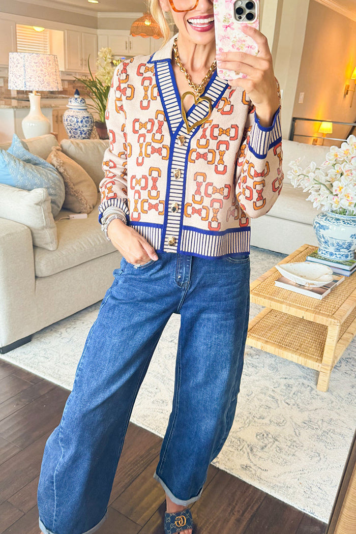 Taupe Bow Print Buttons Cardigan